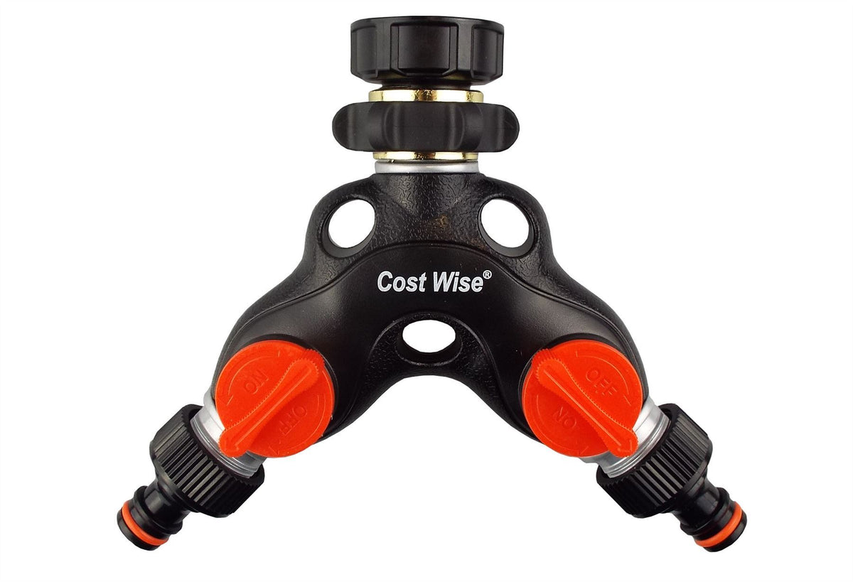 2-Way Tap Connector Snap-On Outlet Metal Black/Orange + 2 x Hose Connectors