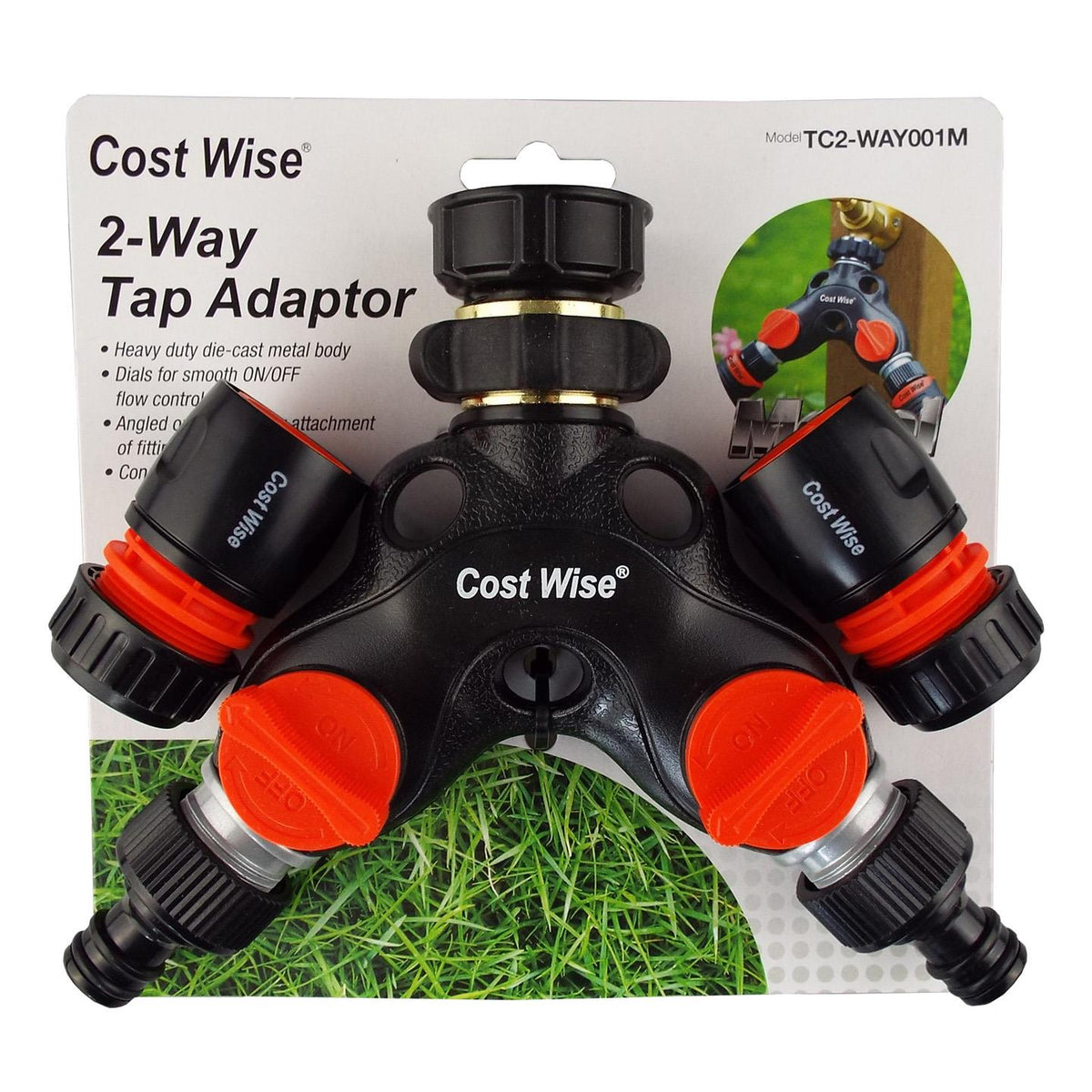 2-Way Tap Connector Snap-On Outlet Metal Black/Orange + 2 x Hose Connectors