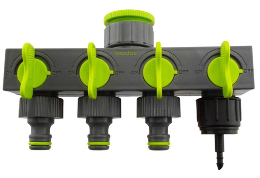 4-Way Valved Splitter Lime with Three Quick Connect and One 4mm Barb Micro Outlet