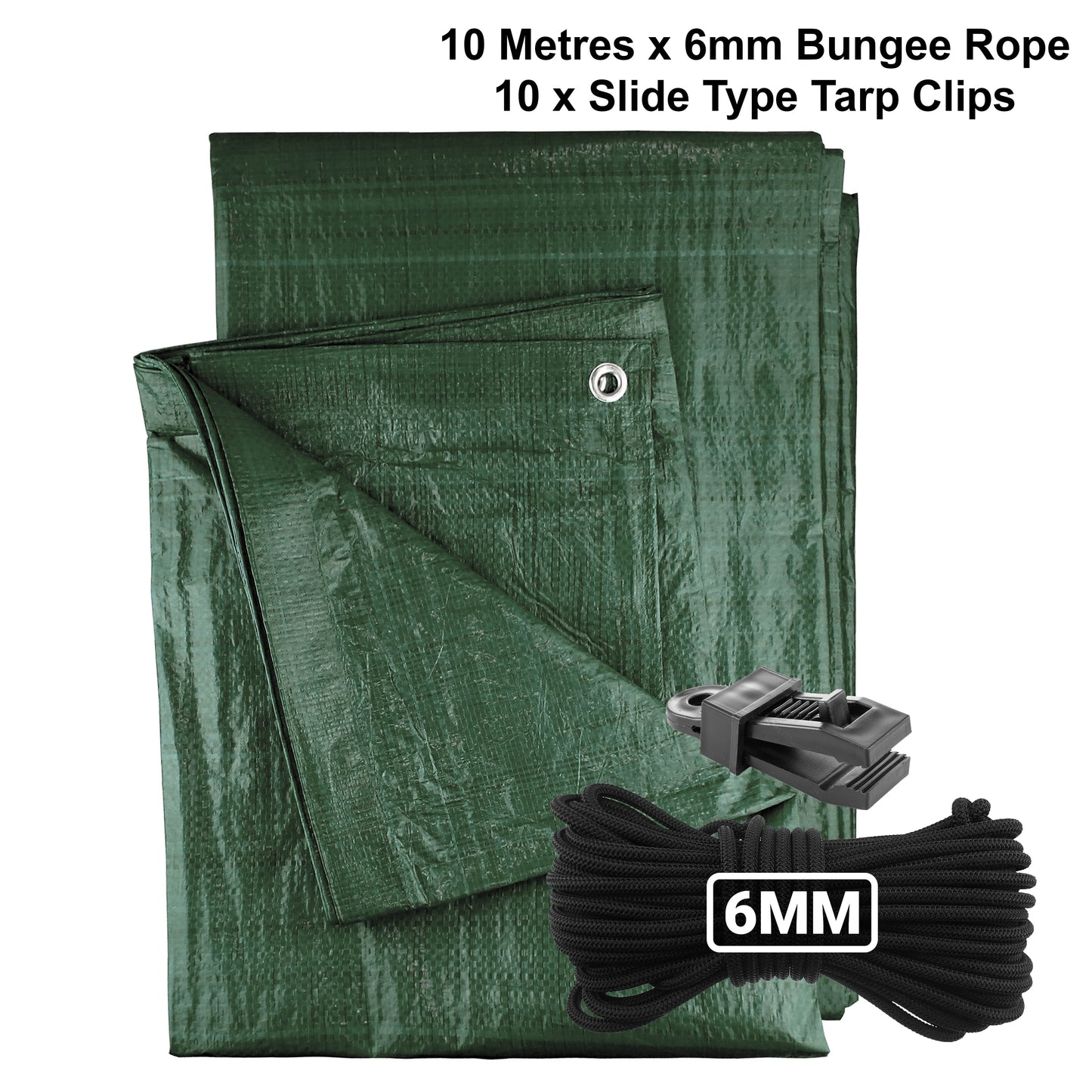 Green M-Grade Tarpaulin with 10m of 6mm Bungee Rope and 10 x Slide Type Tarp Clips