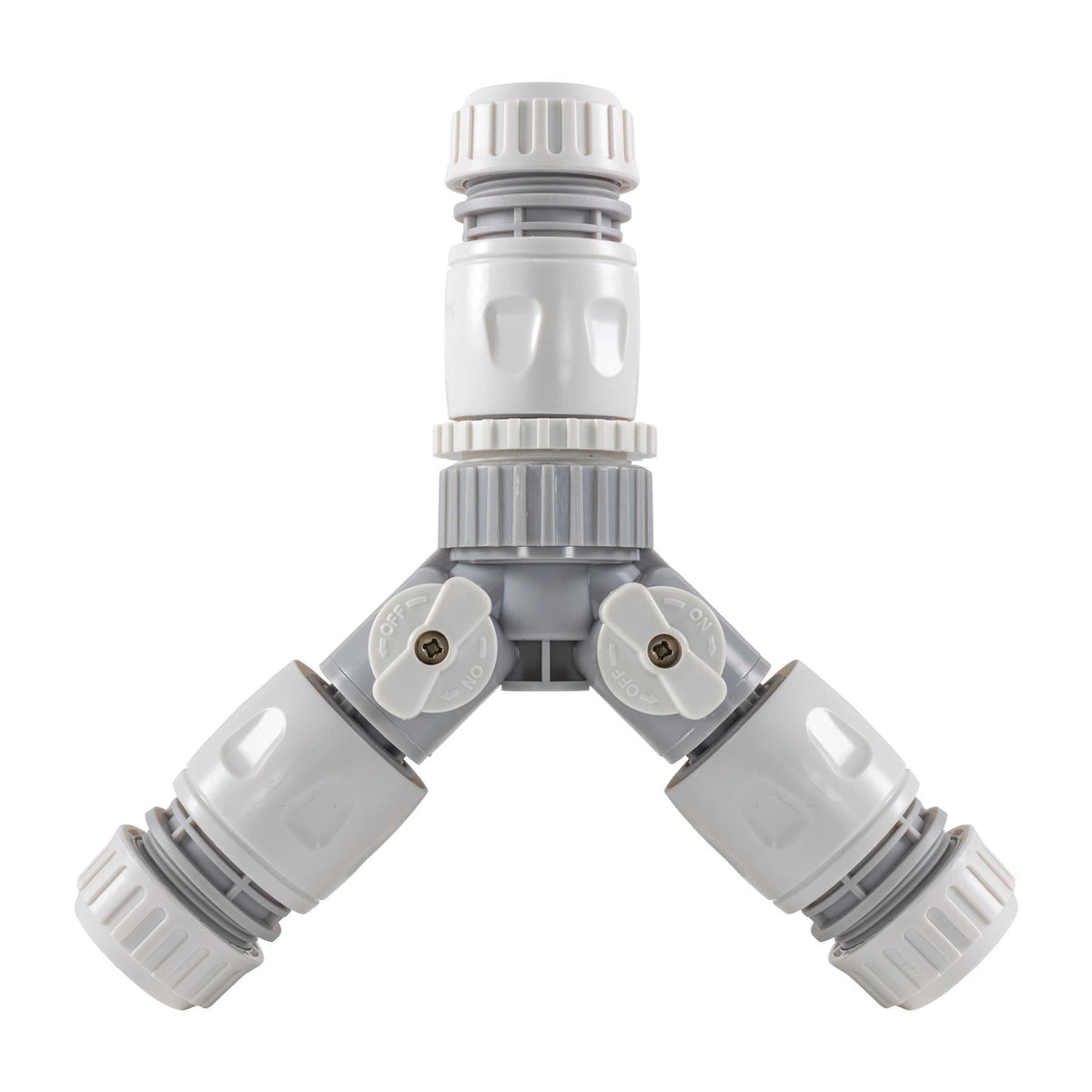 2-Way Tap Connector with 3 x Quick Connect Outlets and 3 x Standard 1/2" Hose Connectors (Grey/White)