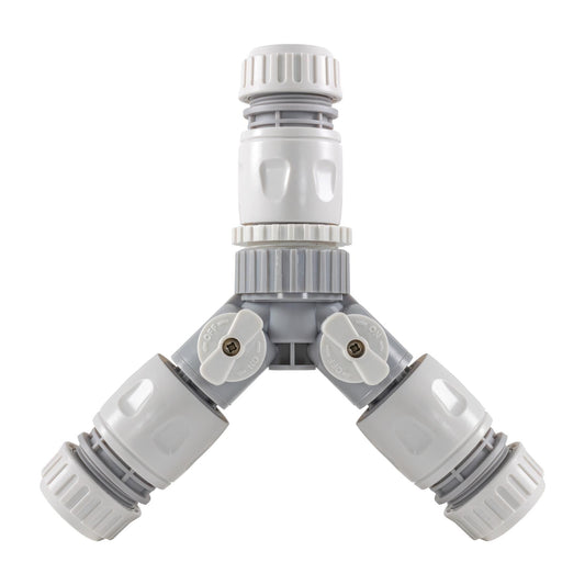 2-Way Tap Connector with 3 x Quick Connect Outlets and 3 x Standard 1/2" Hose Connectors (Grey/White)