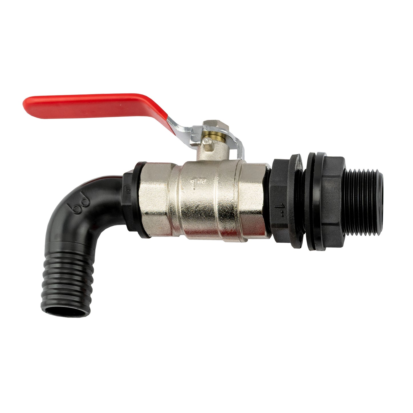 1” BSP Water Butt Fitting with Lever Valve and 25mm Barb Elbow