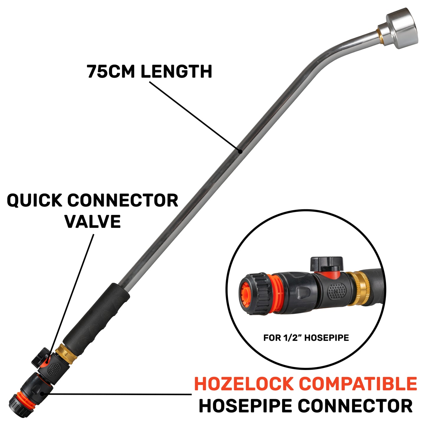75cm Garden Watering Lance with Quick Connect Valve (Black) and Hose Connector