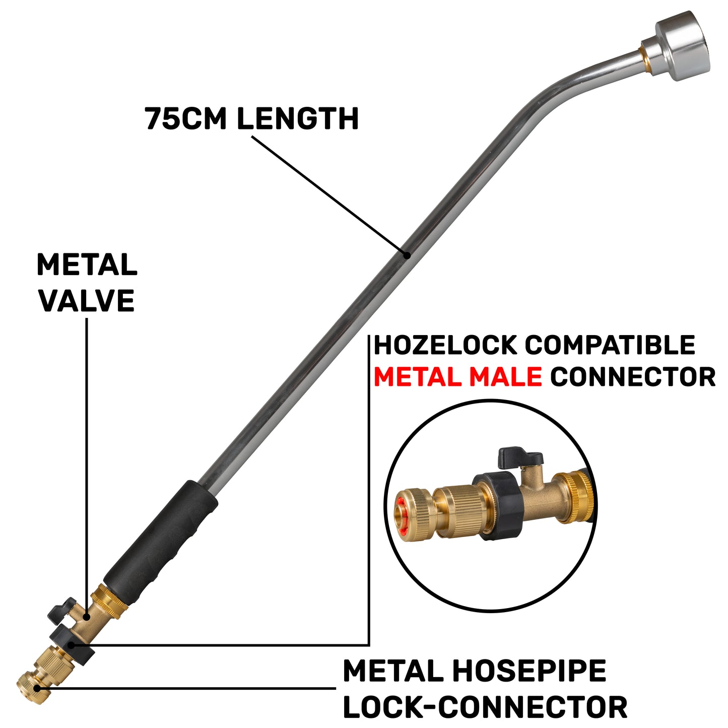 75cm Garden Watering Lance with Brass Valve and Quick Connect Hose Connector