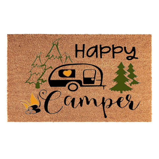 X0026VTW6H x 1, MYPURECORE Coir Door Mat (60x40cm) - Non-Slip & Absorbent, Indoor/Outdoor, Eco-Friendly - Ideal as Front Door, Entrance, Floor, Welcome Mat - Large Size, Dirt Trapper, Washable (HAPPY CAMPER )