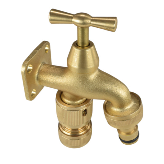 Brass Bib Tap with Quick Connect Inlet and Outlet and Hose Connector