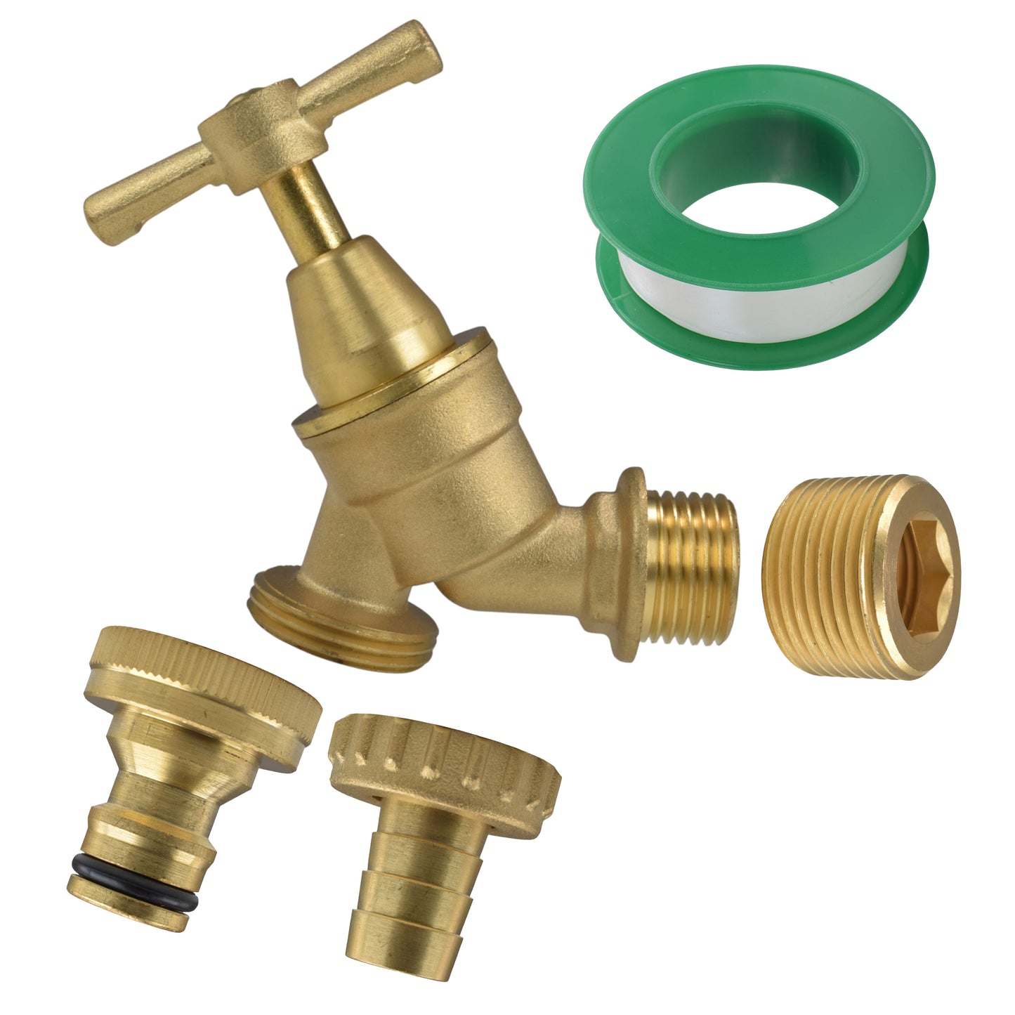 Brass Bib Tap Kit with Barb/Quick Connect Outlet, ½” and ¾” BSP Thread Inlet