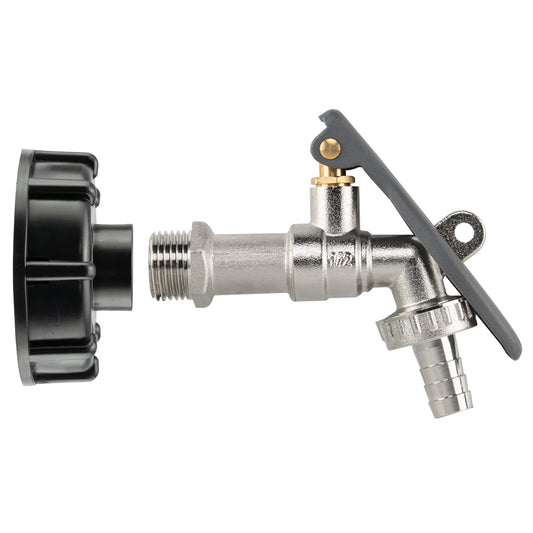 IBC 2” S60X6 – ½” BSP Cap with Lever Tap Hose Barb and Lever Lock