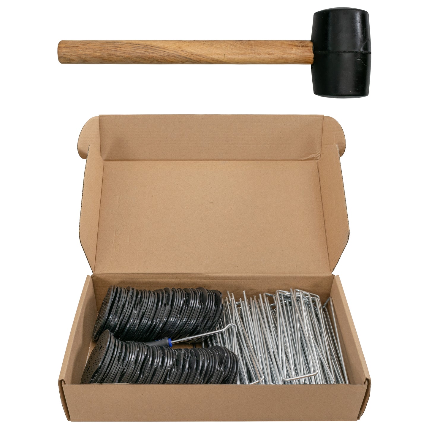 Weed Control Membrane Pegs Buffer Washer Set Blue with Rubber Mallet