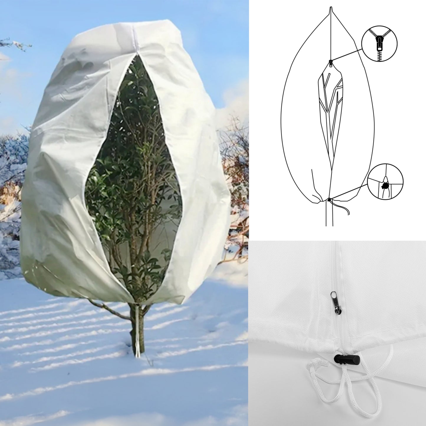 Protective Plant Cover, 50gsm Sack with Cord and Zipper, Diameter: 64cm, Size: 1m x 1.6 m