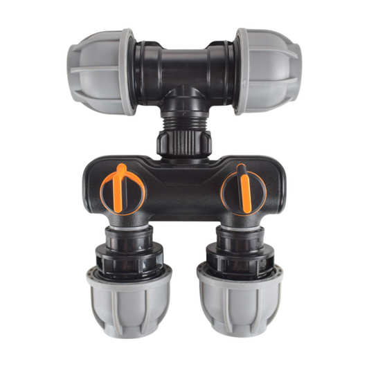 Two Way Splitter with 32mm MDPE Tee Inlet and Straight Outlets