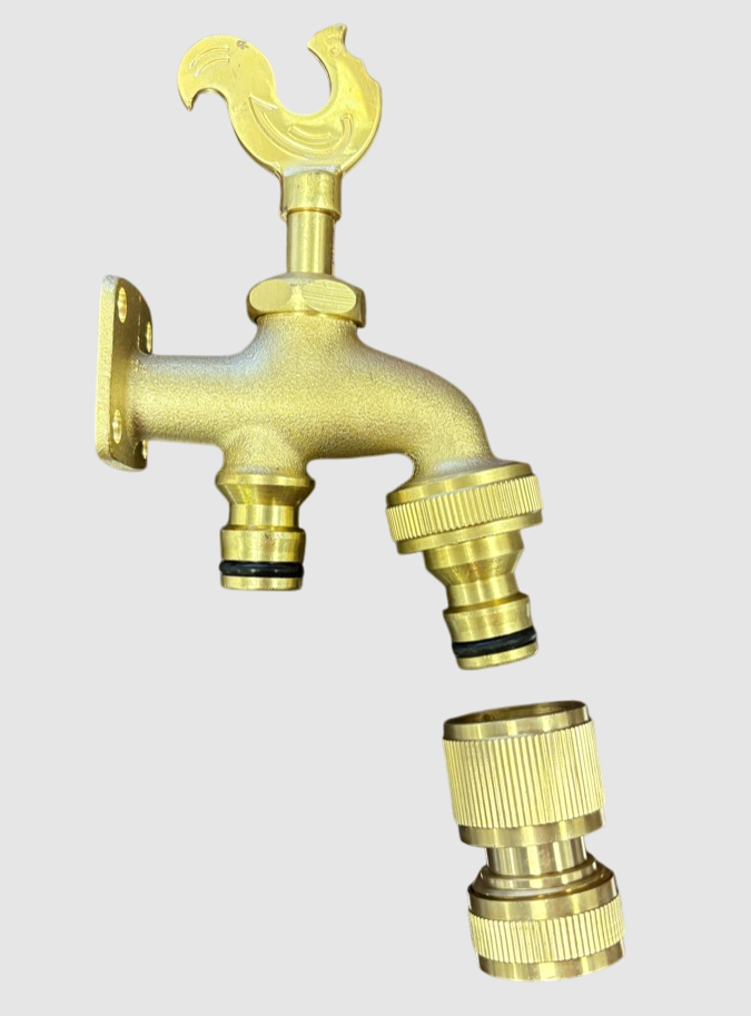 Brass Bib Tap Quick Connect and Hose Connector, Rooster Design