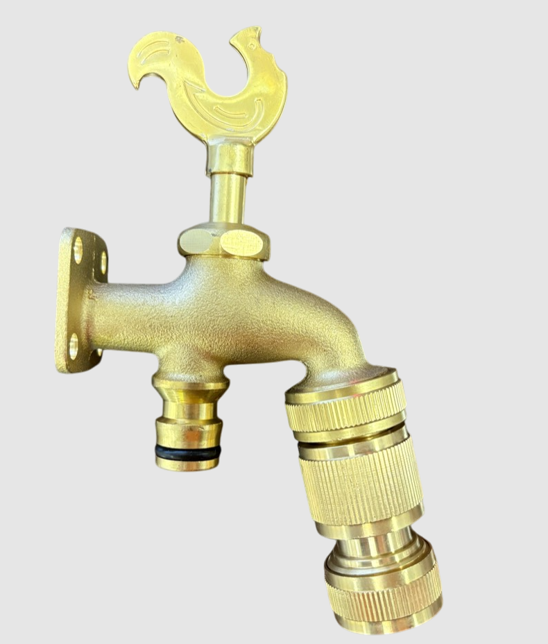 Brass Bib Tap Quick Connect and Hose Connector, Rooster Design