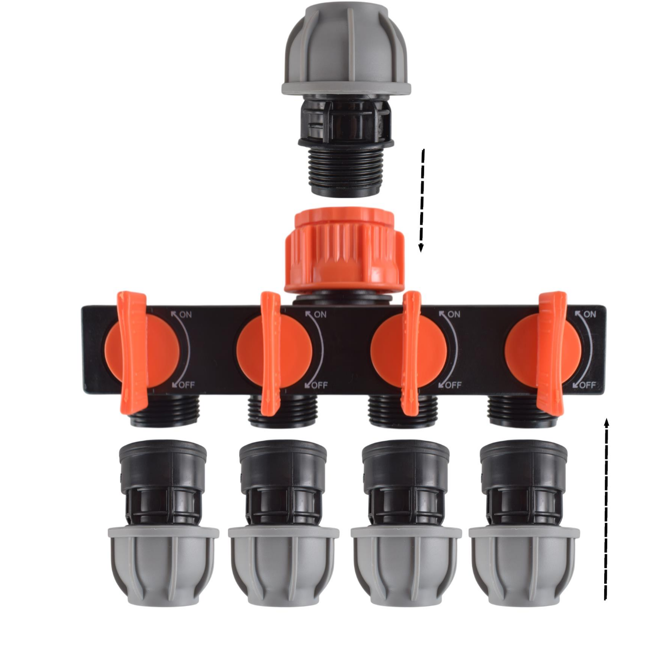 4-Way Tap Splitter with Valves and 20mm MDPE Straight Inlet/Outlet Kit