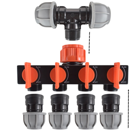 4-Way Tap Splitter with Valves and 20mm MDPE Tee/Straight Fittings Kit
