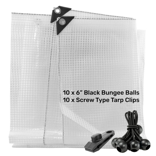Clear M-Grade Tarpaulin with 10 x 6" Bungee Balls (Black) and 10 x Screw Type Tarp Clips