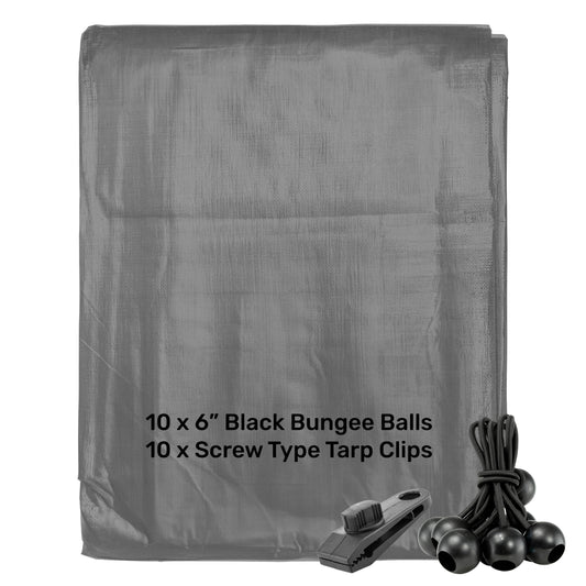 Grey L-Grade Tarpaulin with 10 x 6" Bungee Balls (Black) and 10 x Screw Type Tarp Clips
