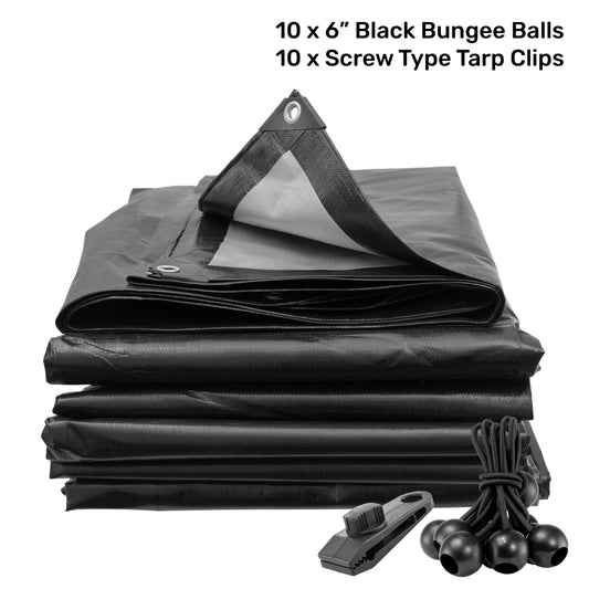 Black/Silver L-Grade Tarpaulin with 10 x 6" Bungee Balls (Black) and 10 x Screw Type Tarp Clips