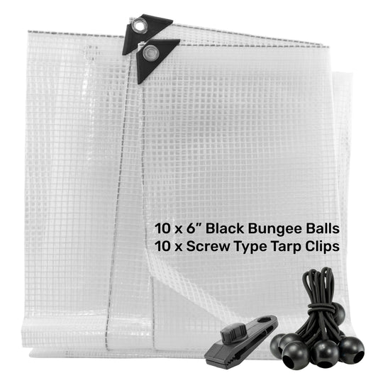 Clear XL-Grade Tarpaulin with 10 x 6" Bungee Balls (Black) and 10 x Screw Type Tarp Clips