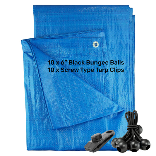 Blue S-Grade Tarpaulin with 10 x 6" Bungee Balls (Black) and 10 x Screw Type Tarp Clips