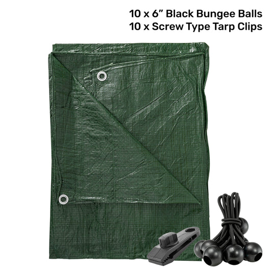 Green S-Grade Tarpaulin with 10 x 6" Bungee Balls (Black) and 10 x Screw Type Tarp Clips