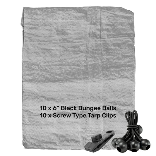 Grey S-Grade Tarpaulin with 10 x 6" Bungee Balls (Black) and 10 x Screw Type Tarp Clips