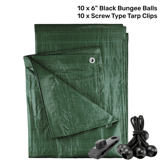 Green M-Grade Tarpaulin with 10 x 6" Bungee Balls (Black) and 10 x Screw Type Tarp Clips