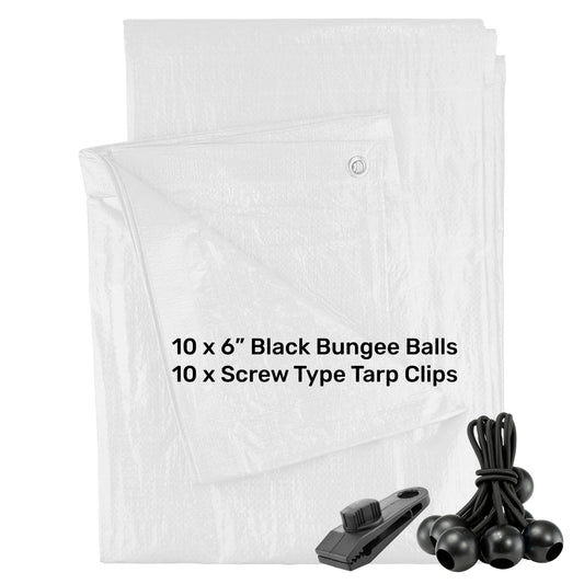White M-Grade Tarpaulin with 10 x 6" Bungee Balls (Black) and 10 x Screw Type Tarp Clips