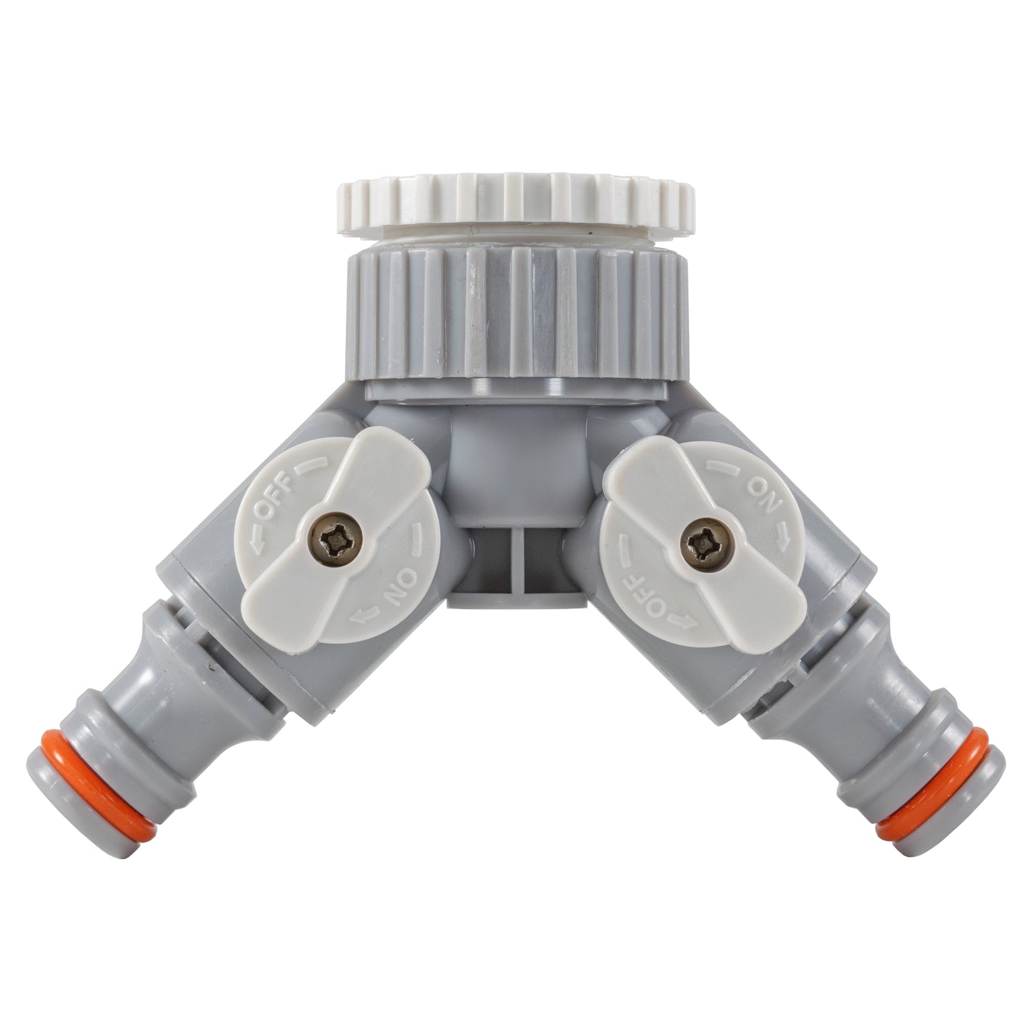 2-Way Tap Connector With Valves 1" or 3/4" BSP Female, Gray/White