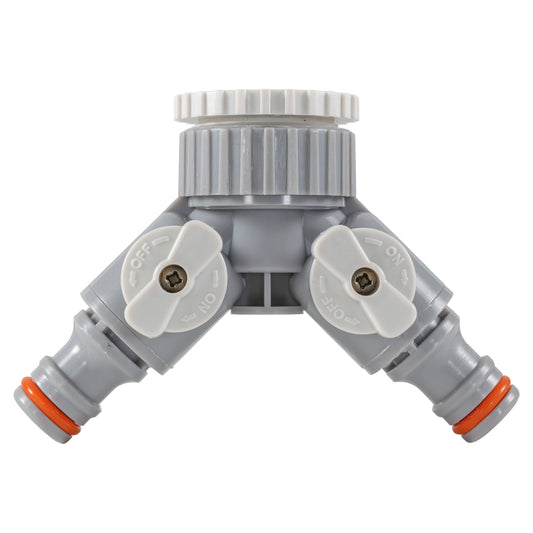 2-Way Tap Connector With Valves 1" or 3/4" BSP Female, Gray/White