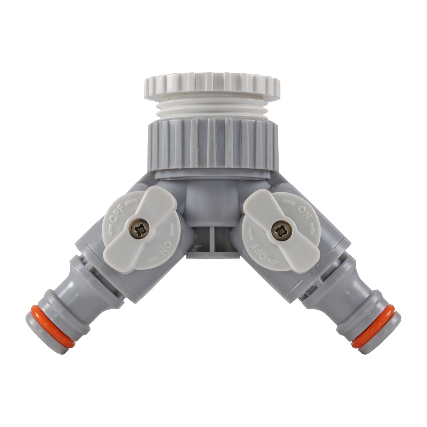 2-Way Tap Connector With Valves 1" or 3/4" BSP Female, Gray/White