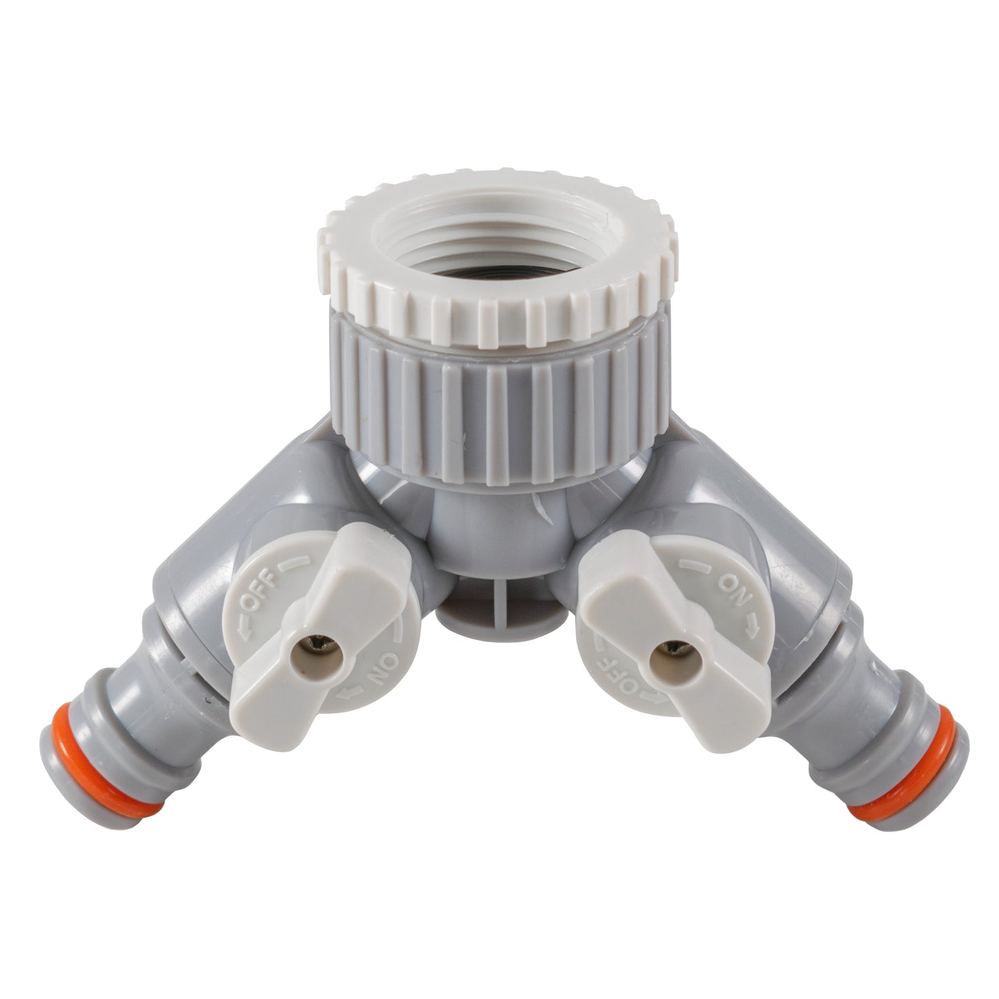 2-Way Tap Connector With Valves 1" or 3/4" BSP Female, Gray/White