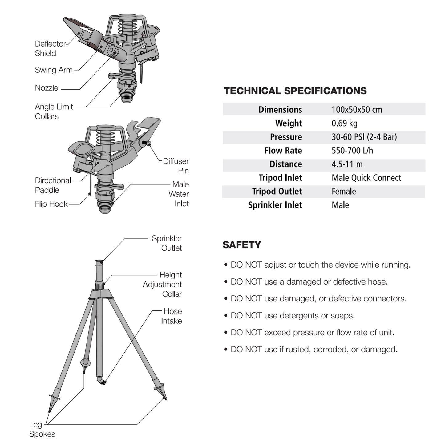 Aluminium Garden Sprinkler Tripod Stand 55-105cm Spiked Feet
