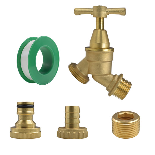 Brass Bib Tap Kit with Barb/Quick Connect Outlet, ½” and ¾” BSP Thread Inlet