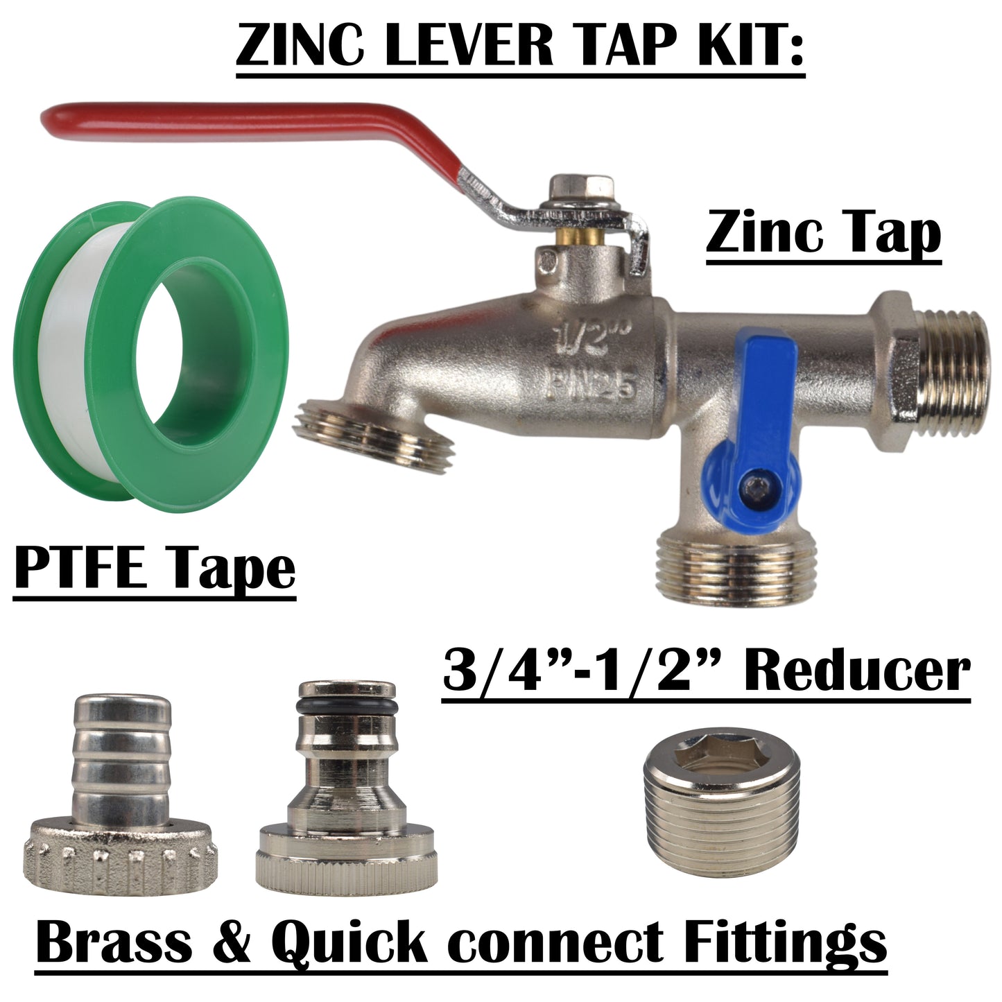 Double Lever Tap Kit with Barb/Quick Connect Outlet, ½” and ¾” BSP Thread Inlet