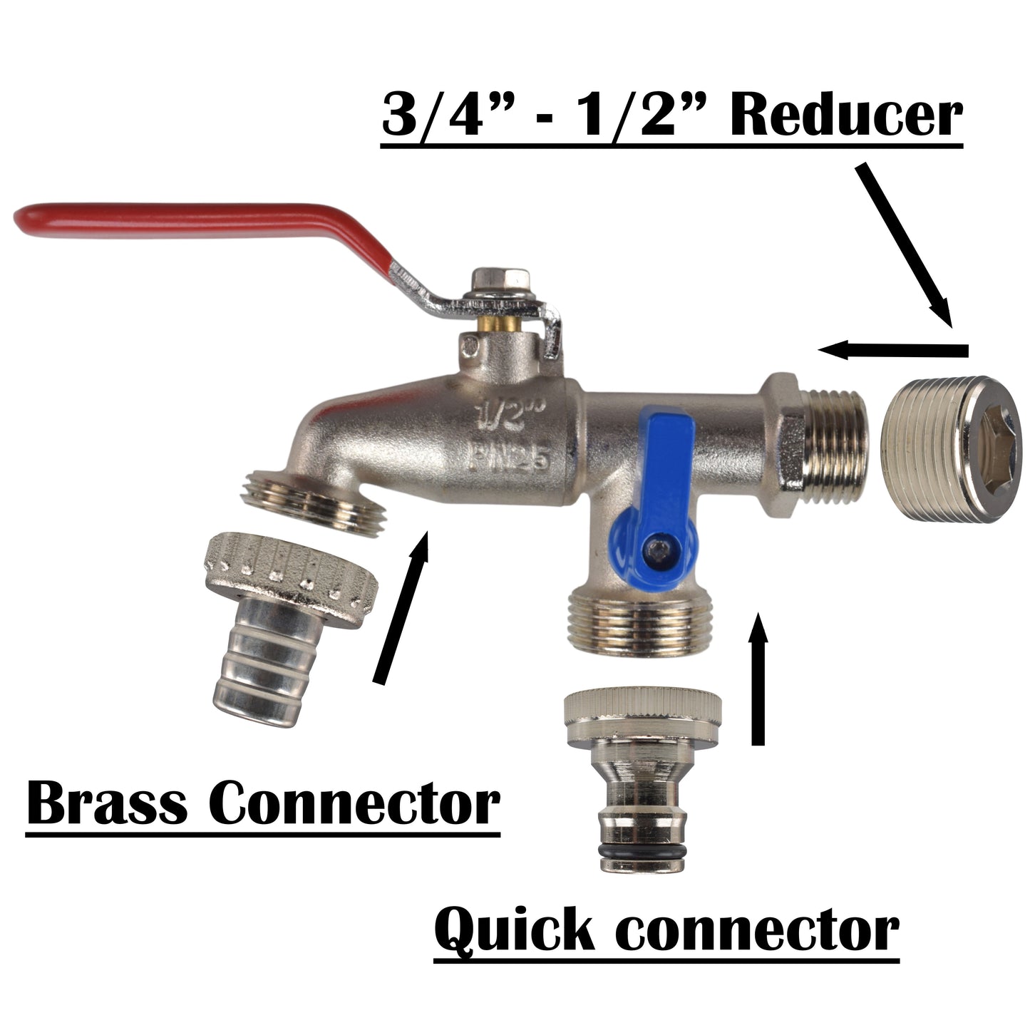 Double Lever Tap Kit with Barb/Quick Connect Outlet, ½” and ¾” BSP Thread Inlet
