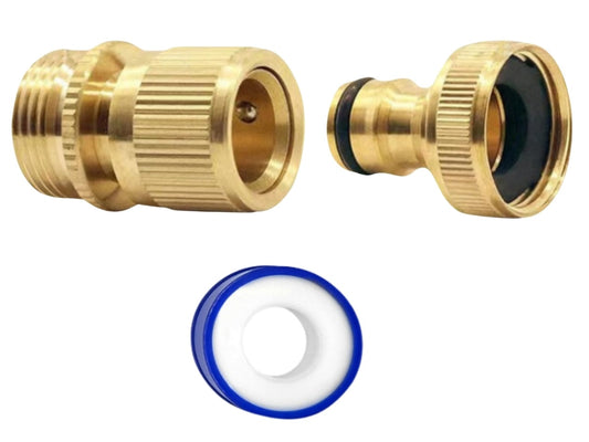 X00240N595 x1,  2-Pack Brass Garden Hose No-Leak Connector Set | 3/4 Inch Female & Male Quick Connectors with PTFE Tape
