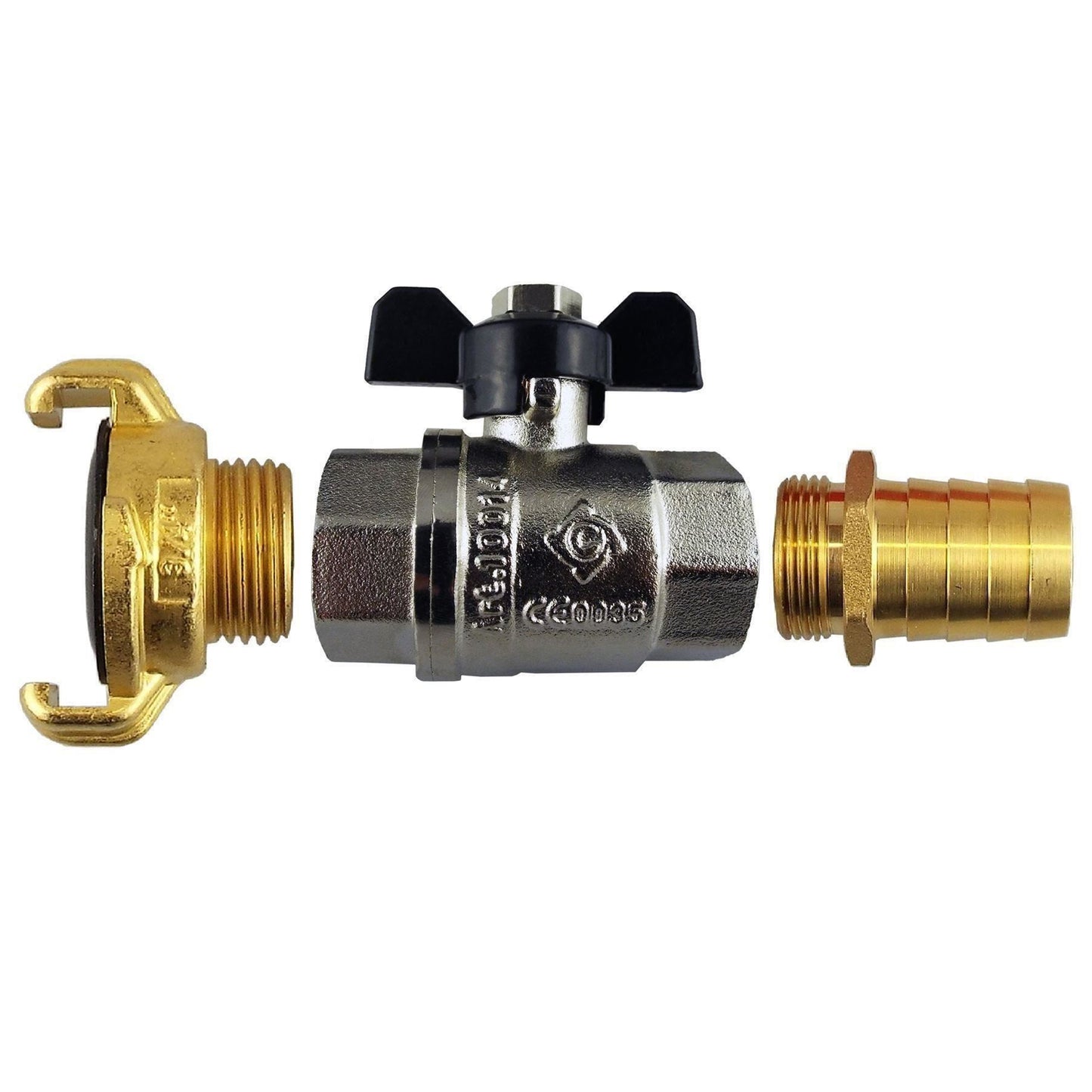 Butterfly Bib Valve 1” BSPF with Brass 25mm Barb and Geka Type Outlet