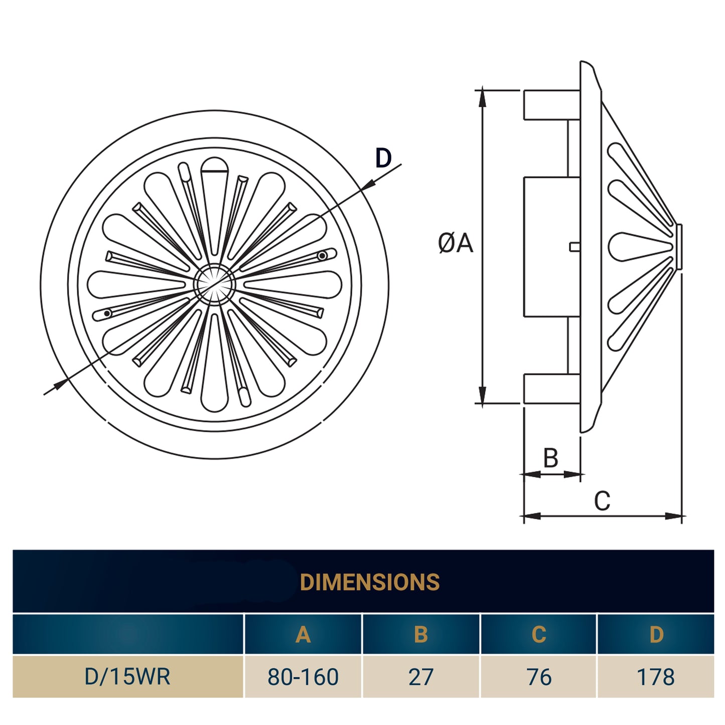 Adjustable Louvre Vent Round 80mm-160mm White