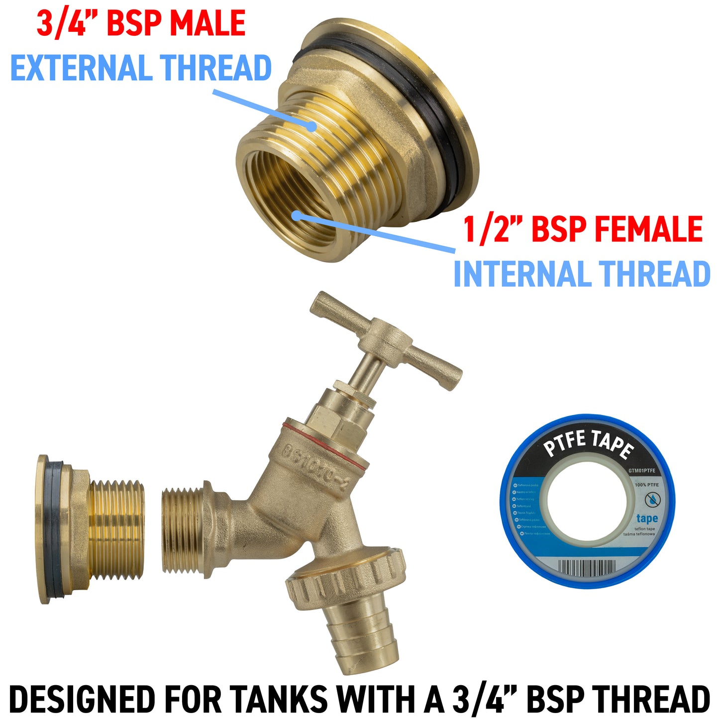Water Butt Brass Kit 3/4" with Brass Barbed Tap