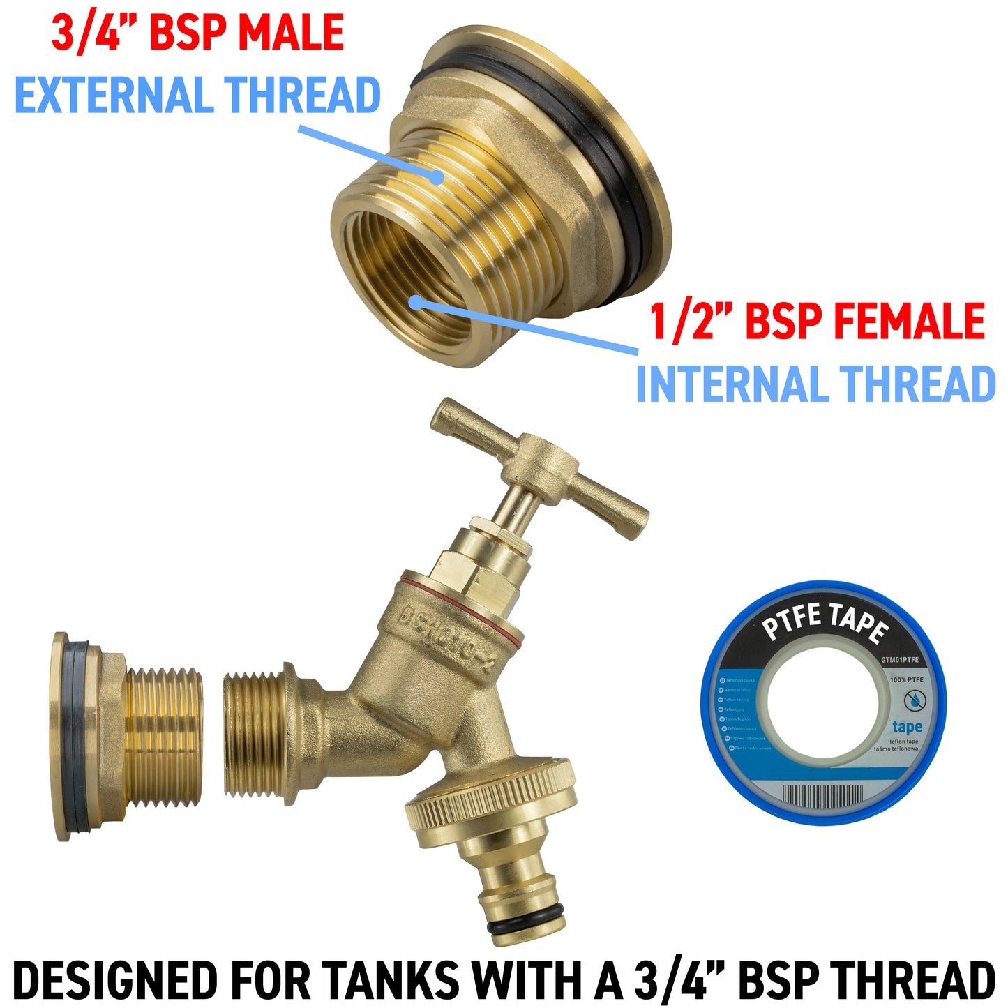 Water Butt Brass Kit 3/4" with Brass Quick Connect Tap