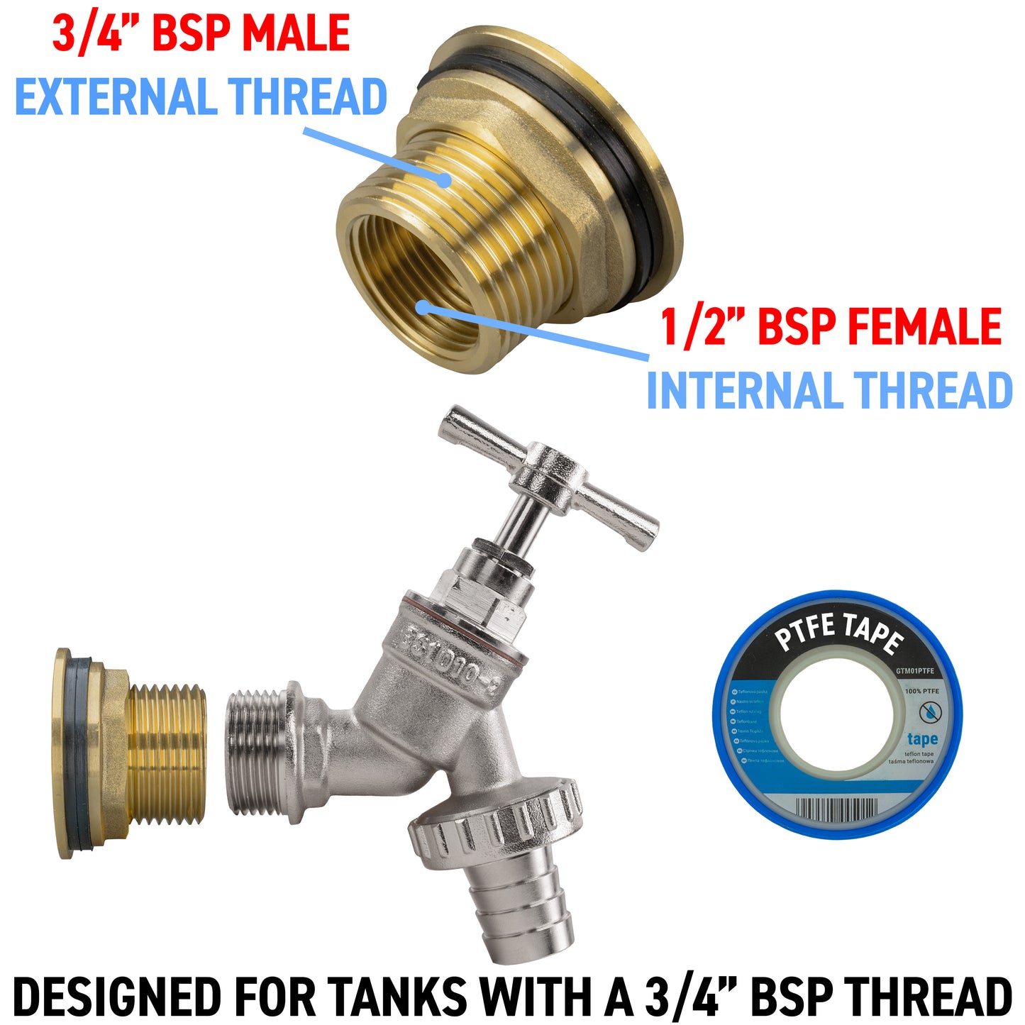 Water Butt Brass Kit 3/4" with Nickel Plated Brass Barbed Tap and Drill Bit