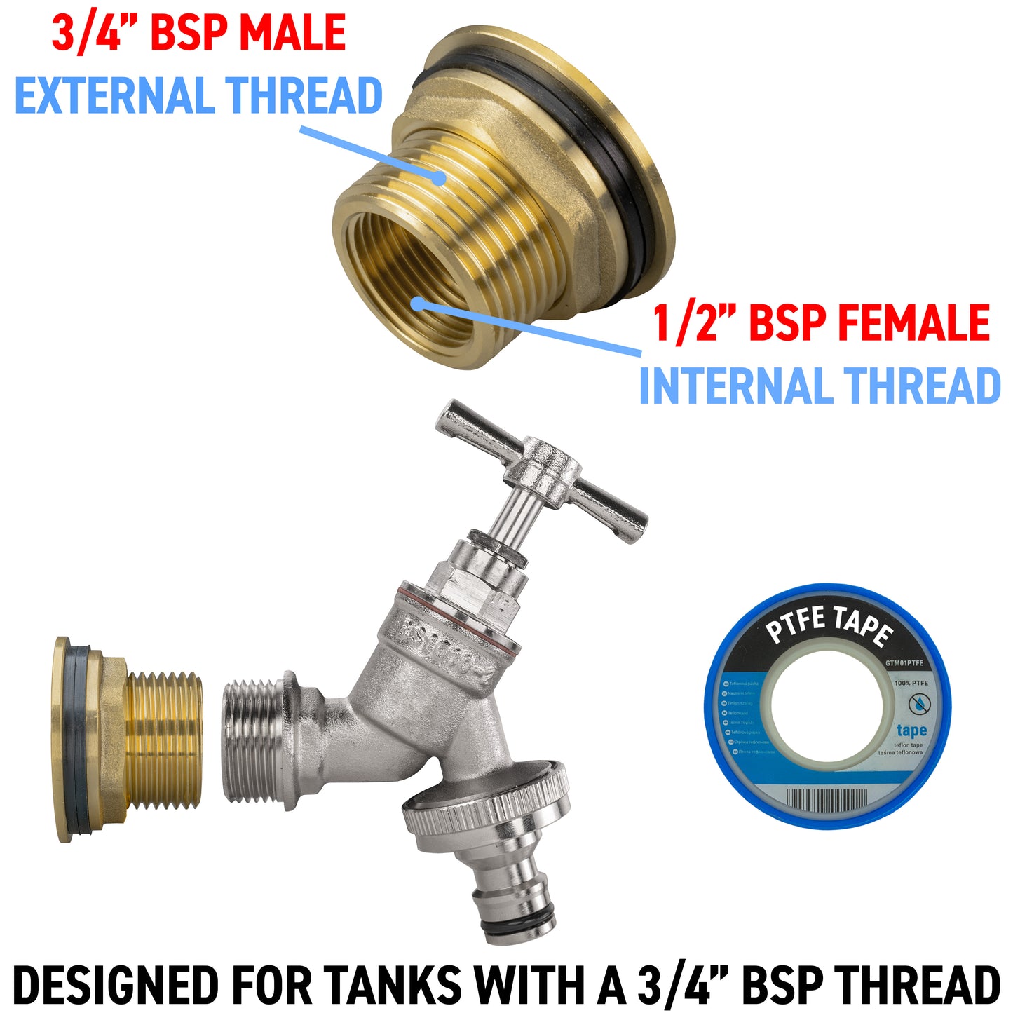 Water Butt Brass Kit 3/4" with Nickel Plated Brass Quick Connect Tap and Drill Bit