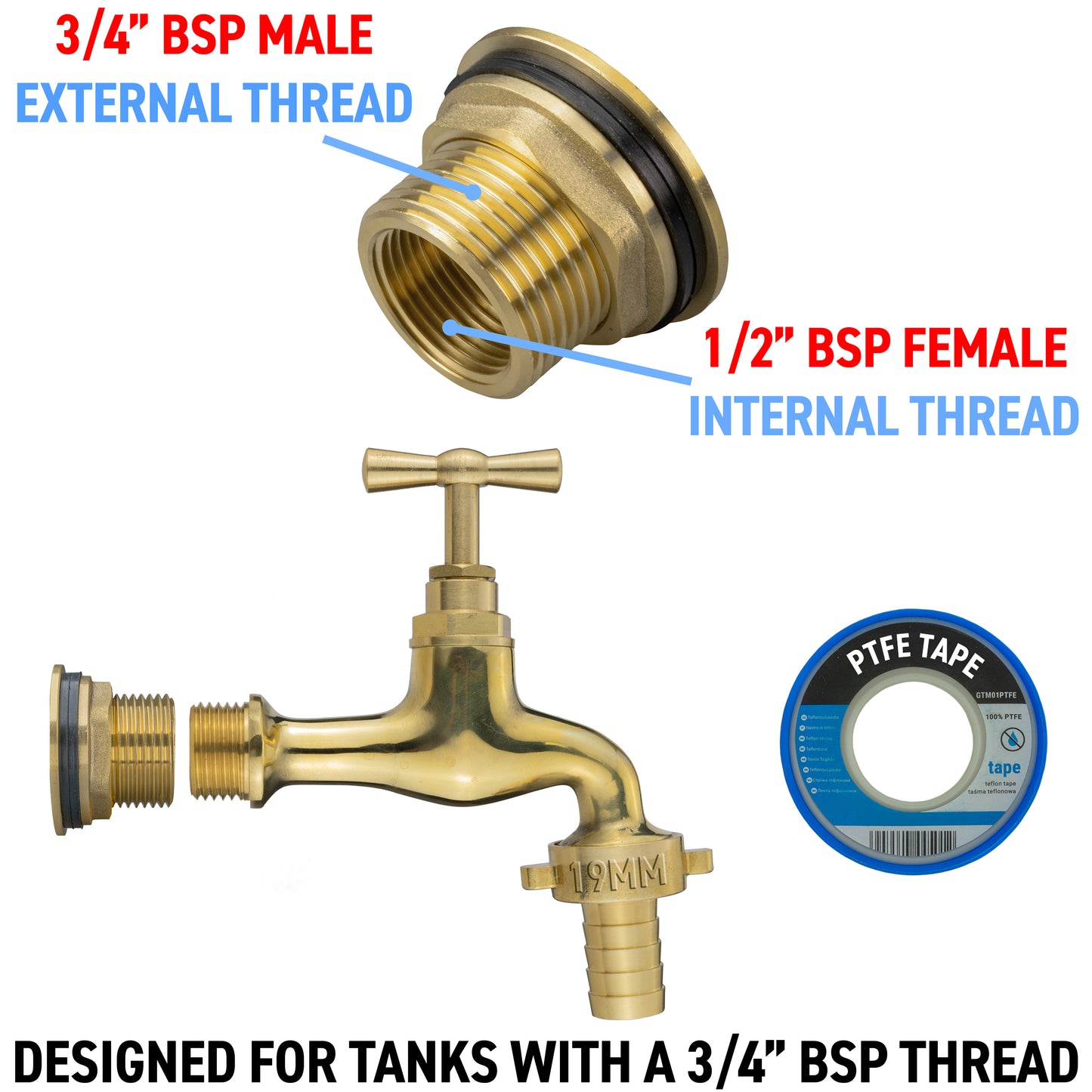 Water Butt Brass Kit 3/4" with 19mm Barbed Polished Brass Tap and Drill Bit