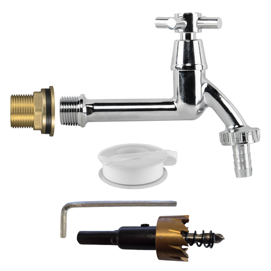 Water Butt Brass Kit 3/4" with Extended Brass Chrome Tap ½” Barb and Drill Bit