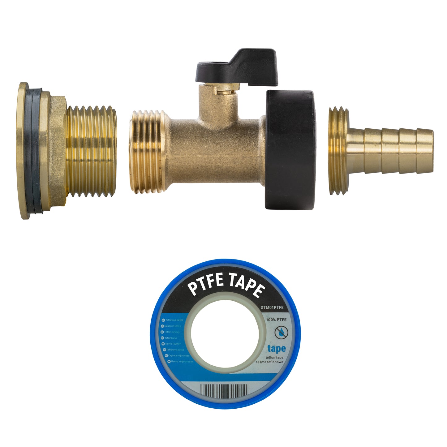 Water Butt Brass Kit 1" with Brass Valve + 13mm Barb