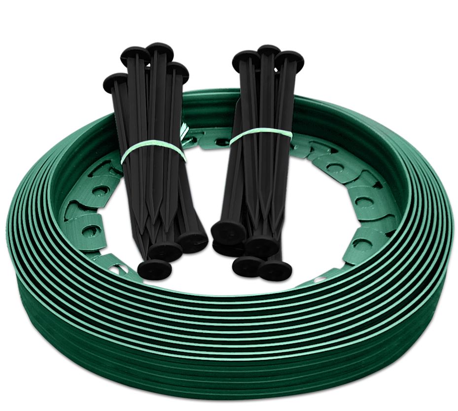 X001TF1YVR x10, 	Transform Your Outdoor Space with 10m of Flexible Green Garden Edging Border - Complete with 20 Securing Pegs for Perfect Flower Beds, Lawns, and Pavement Design (60mm High). Set by MYPURECORE