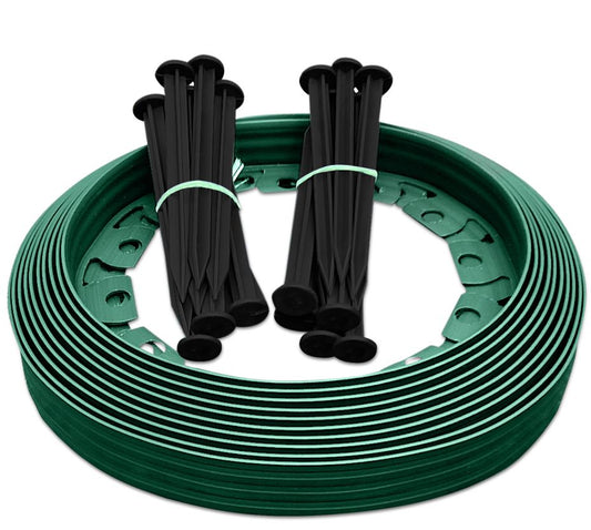 X001TF1YVR x10, 	Transform Your Outdoor Space with 10m of Flexible Green Garden Edging Border - Complete with 20 Securing Pegs for Perfect Flower Beds, Lawns, and Pavement Design (60mm High). Set by MYPURECORE