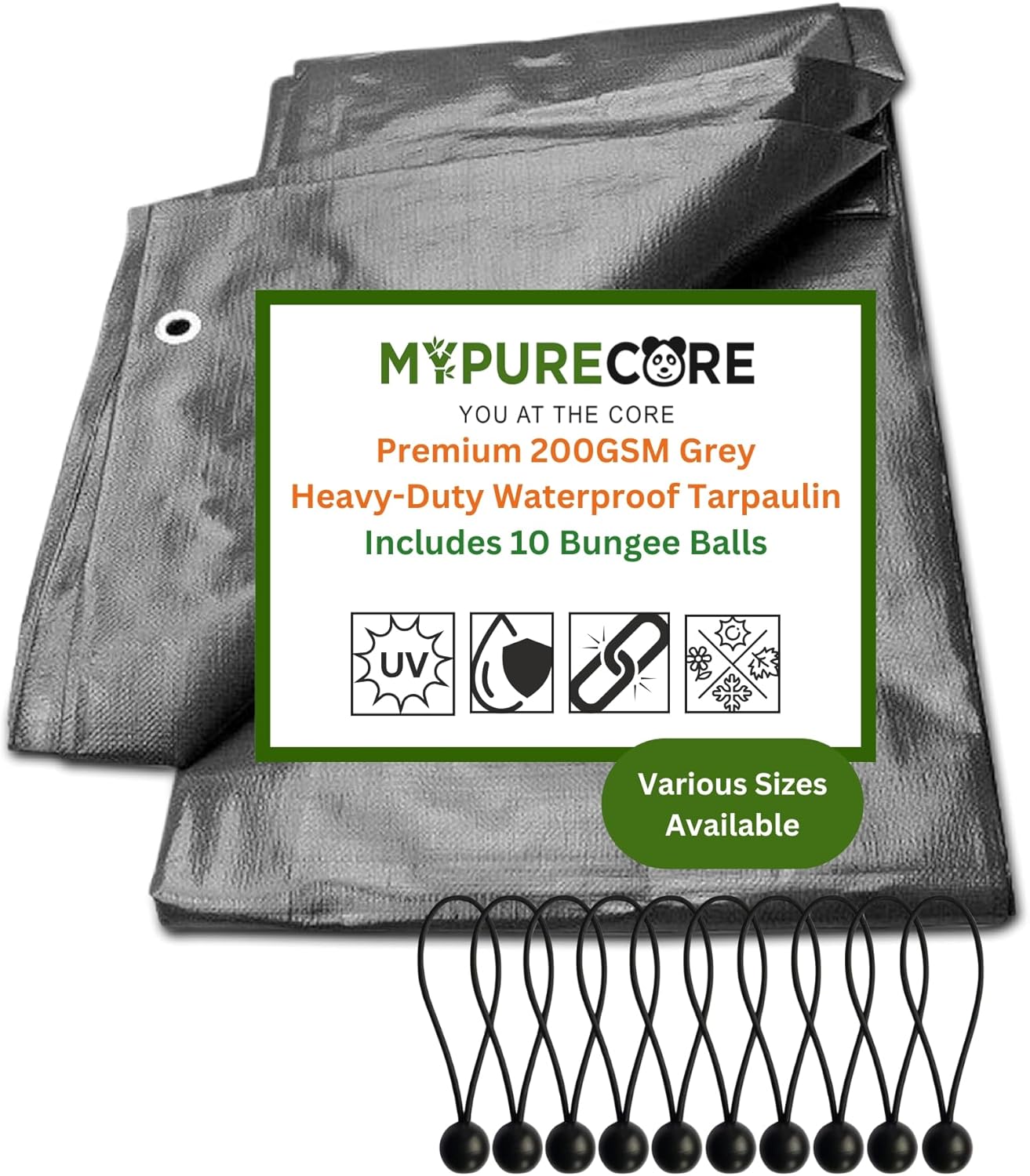 X002HBFMNX x20, 200GSM Grey Tarp with 10 Bungee Balls 2m x 2m